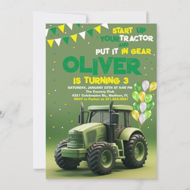 Invitación Tercer Fiesta de cumpleaños del Green Tractor (Anverso)