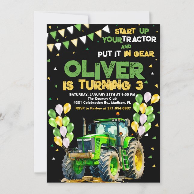 Invitación Tercer Fiesta de cumpleaños del Green Tractor (Anverso)