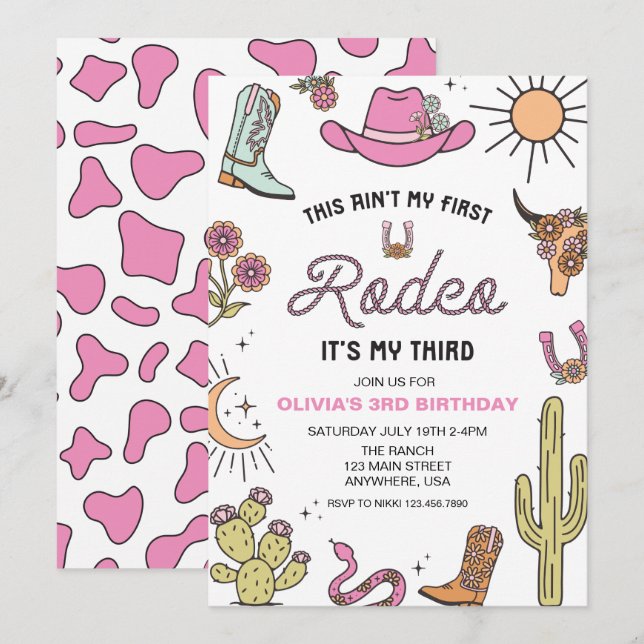 Invitación Tercer Rodeo Cumpleaños Western Rosa 3 (Anverso / Reverso)