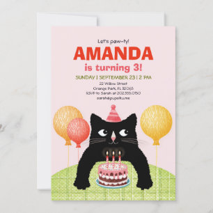 Invitación Tercera fiesta de cumpleaños con gato, pastel y ve