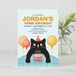 Invitación TERCERA fiesta de cumpleaños con gato y torta grac