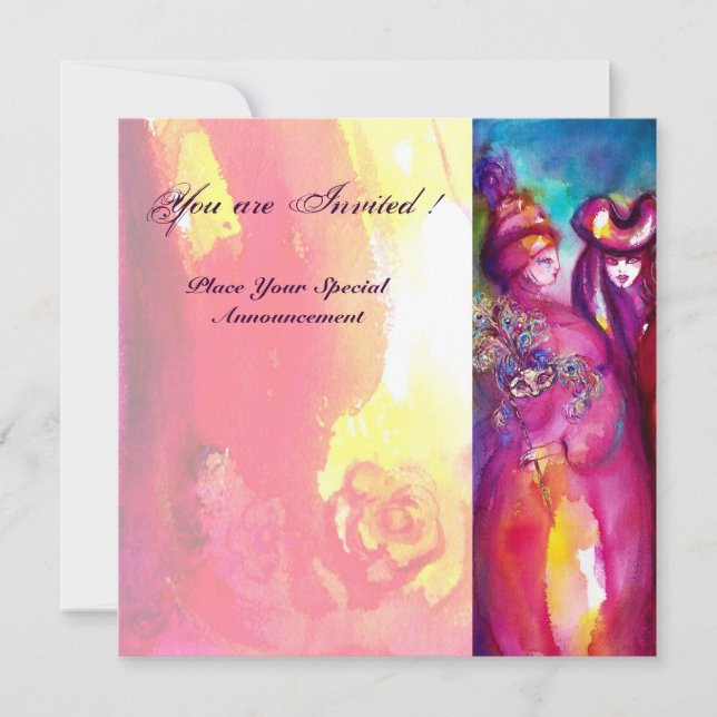 Invitación TERCERA MÁSCARA baile de máscaras, oro rojo amaril (Anverso)