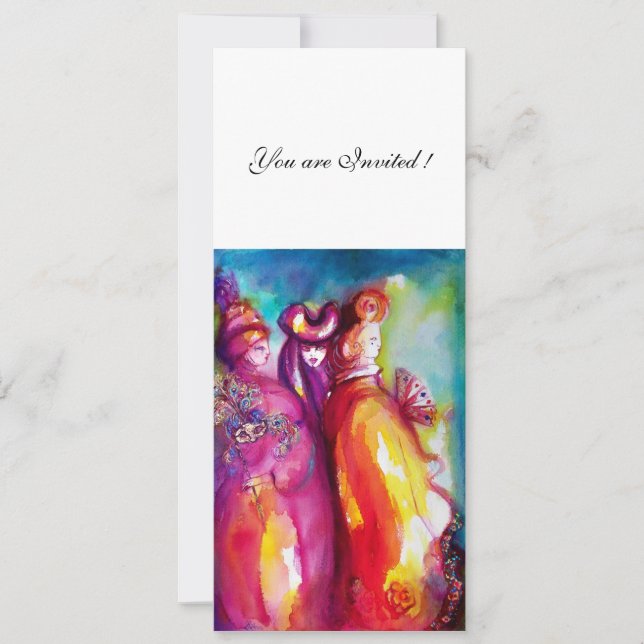 Invitación TERCERA pelota de máscaras MASK, dorado rojo azul (Anverso)