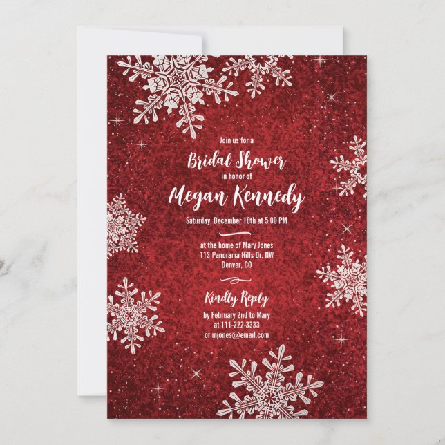 Invitación Terciopelo Blanco Rojo Snowflake Ducha De Novias (Anverso)