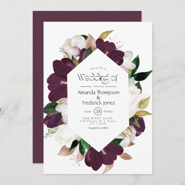 Invitación Terciopelo de ciruela oscura y Boda floral de prim (Anverso / Reverso)