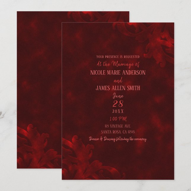 Invitación Terciopelo Rojo Elegante Boda del Glamour del Glam (Anverso / Reverso)