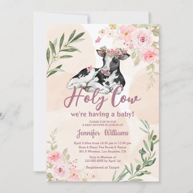 Invitación ternera de vaca sagrada chica de bebé ducha florid (Anverso)