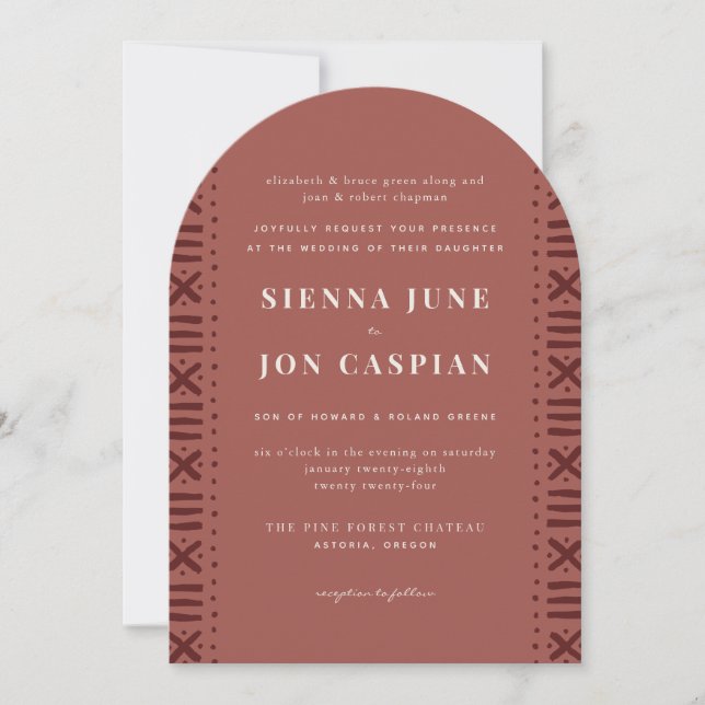 Invitación Terra Cotta Boho Boda de la frontera del paño de b (Anverso)
