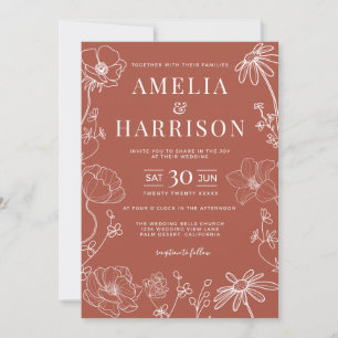 Invitación Terra Cotta Naranja Floral Line Art Boda