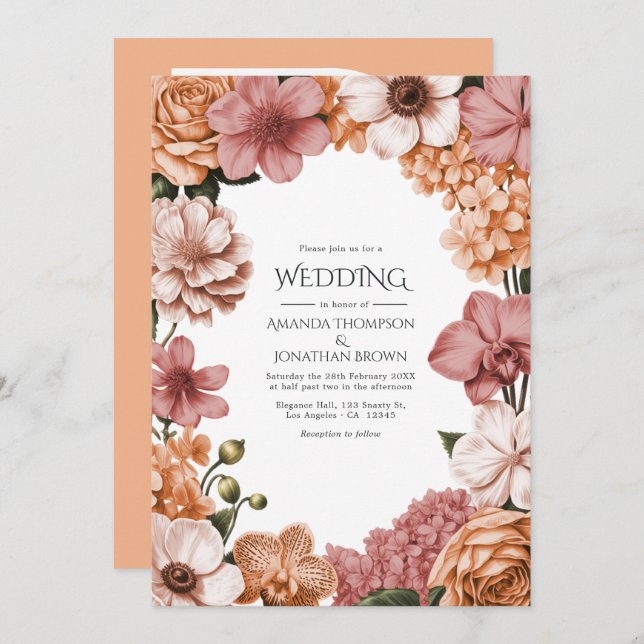 Invitación Terra Peach, Clay Rose & Soft Blush Buff Wedding (Anverso / Reverso)