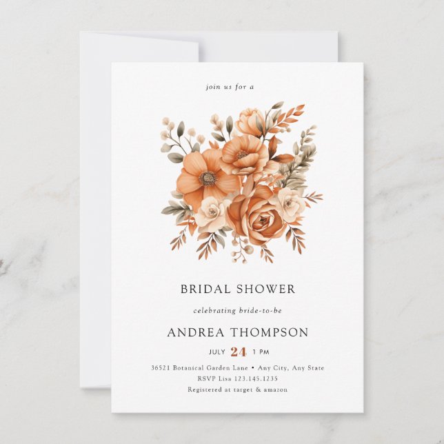 Invitación Terracota acuarela | Ducha nupcial floral (Anverso)
