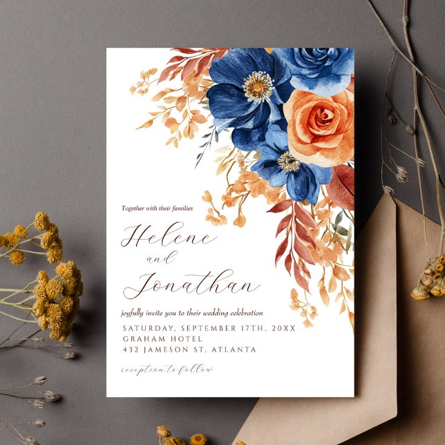Invitación Terracota azul de la marina Arrojando matrimonio e (Navy Blue Terracotta Rust Rustic Elegant Wedding Invitation)