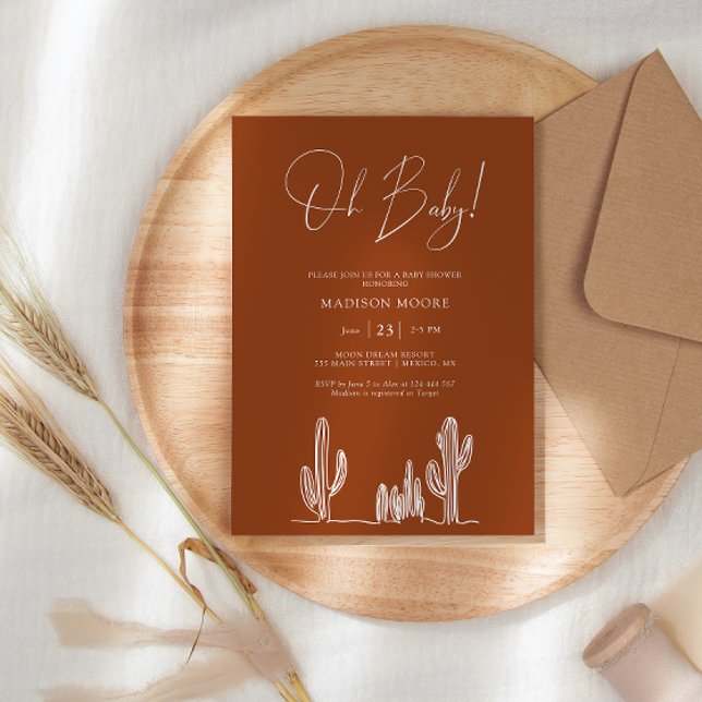 Invitación Terracota Baby Shower Cactus Line Art Desert (Subido por el creador)