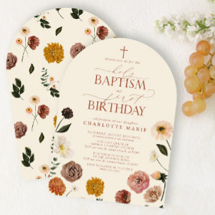 Invitación Terracota Bautismo Santo y Flores de Primer Cumple