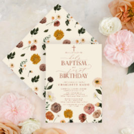 Invitación Terracota Bautismo Santo y Flores de Primer Cumple