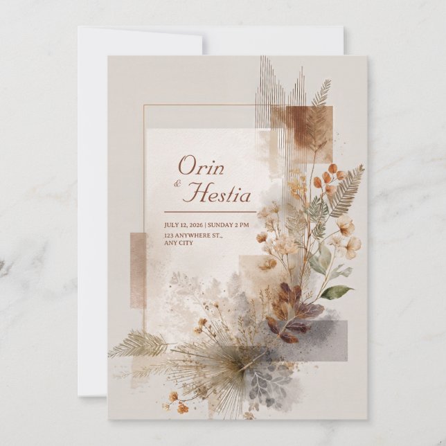 Invitación Terracota Beige Dorado Botánico Abstracto Boda (Anverso)