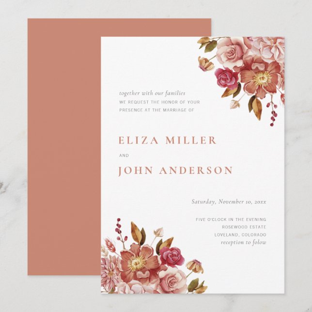 Invitación Terracota Boda floral de acuarela rústica moderna (Anverso / Reverso)