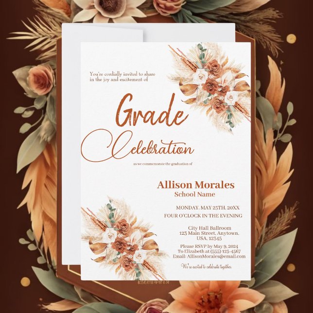 Invitación Terracota Bohemiana Floral Boho Pampas Graduación (Subido por el creador)