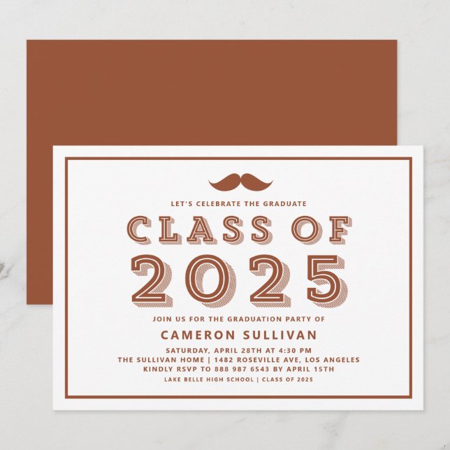 Invitación Terracota Clase de Graduación Retro de Mustache 20 (Anverso / Reverso)
