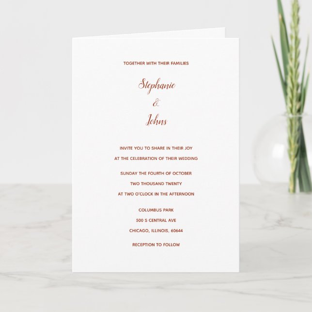 Invitación Terracota Clásico Blanco Simple Boda Mínimo (Anverso)