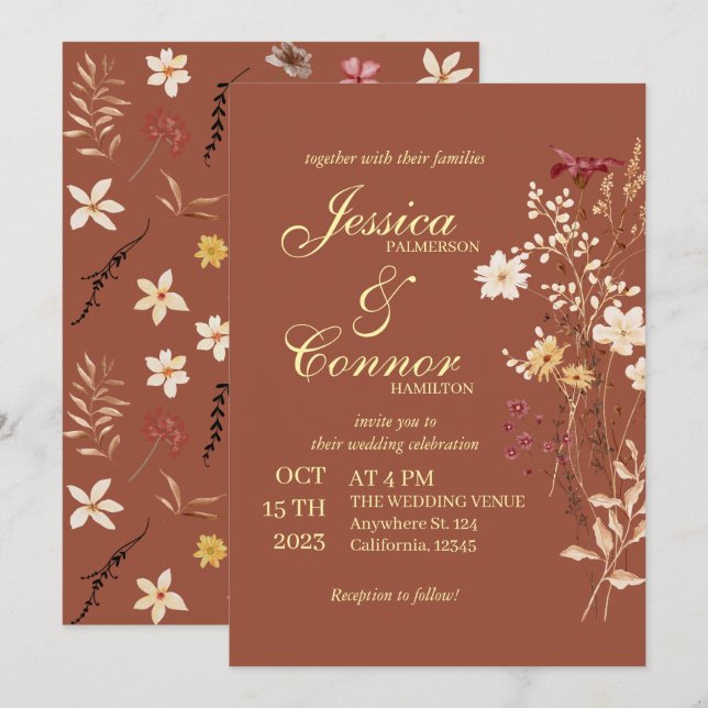 Invitación Terracota Colorful Wildflowers Boda de Boho (Anverso / Reverso)