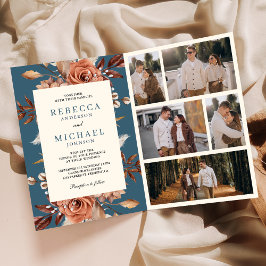 Invitación Terracota Cremosa Código QR Floral Azul Polvo Boda
