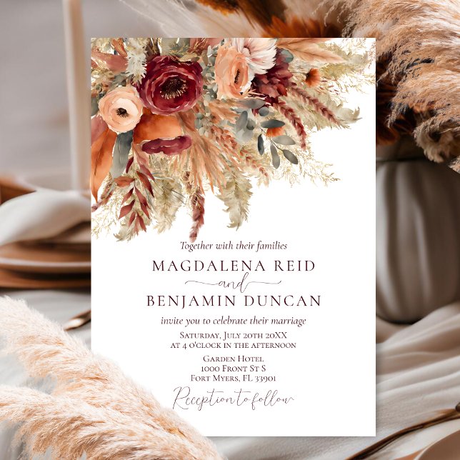Invitación Terracota de Borgoña Florals Pampas Boda de Grass (Subido por el creador)