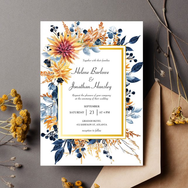 Invitación Terracota de la Marina Rust Elegante Boda Rústico  (Navy Terracotta Rust Elegant Floral Rustic Wedding Invitation)