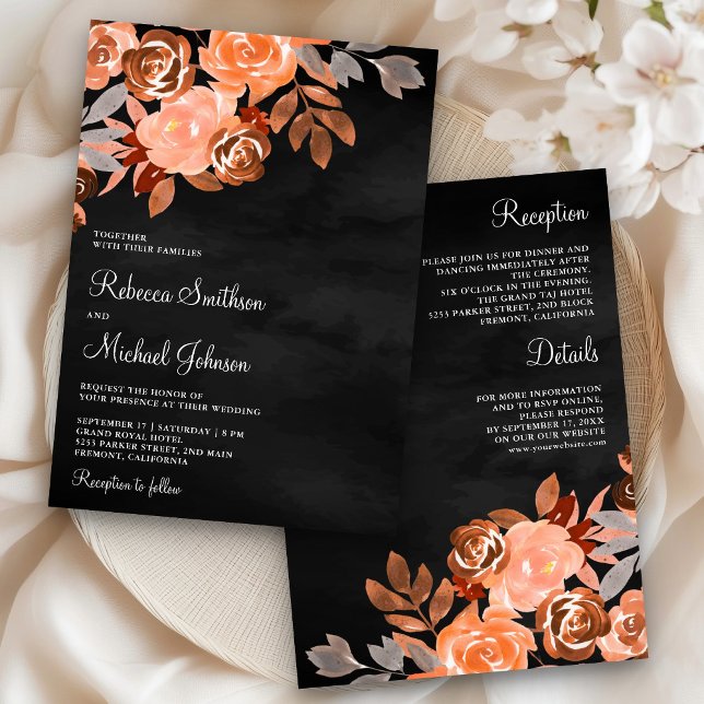 Invitación Terracota de tierra floral todo en un Boda negro (Subido por el creador)