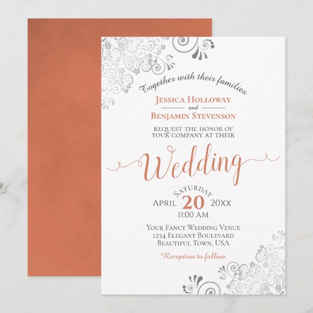 Invitación Terracota elegante de colores plateados sobre Boda (Anverso / Reverso)