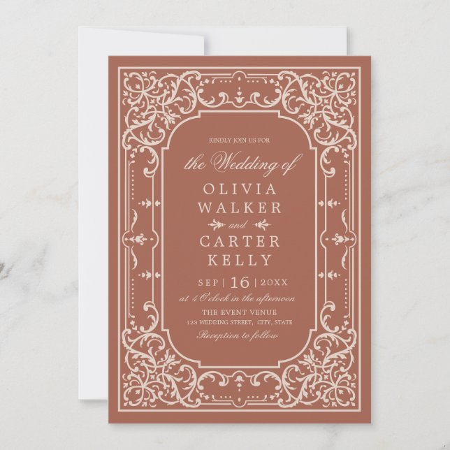 Invitación Terracota elegante ornamental romántico matrimonio (Anverso)