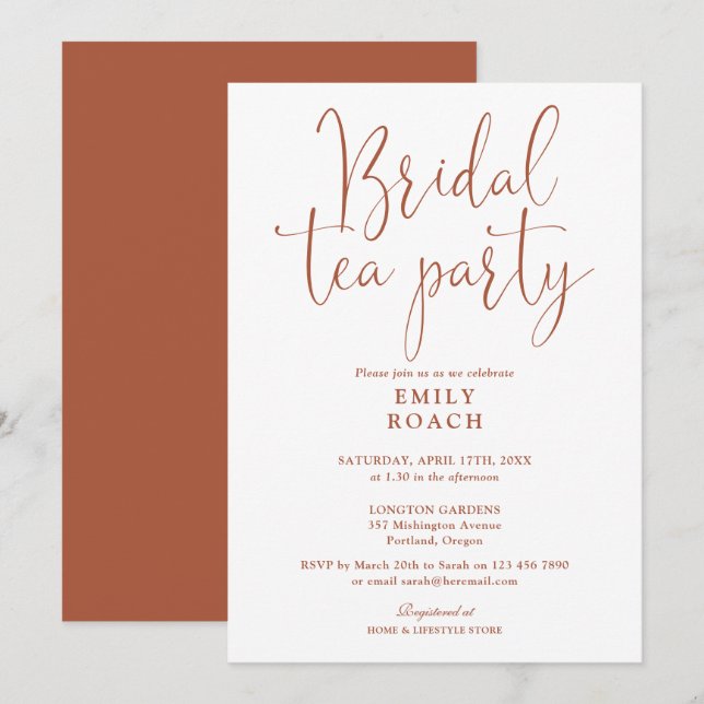 Invitación Terracota Elegante Script Bridal Tea Fiesta Ducha (Anverso / Reverso)