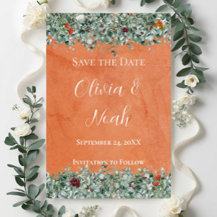 Invitación Terracota Eucalipto Borgoña Naranja Floral STD