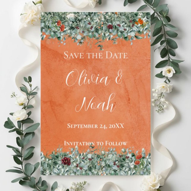 Invitación Terracota Eucalipto Borgoña Naranja Floral STD (Subido por el creador)