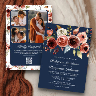 Invitación Terracota Floral Acuarela Código QR Azul Marino Bo
