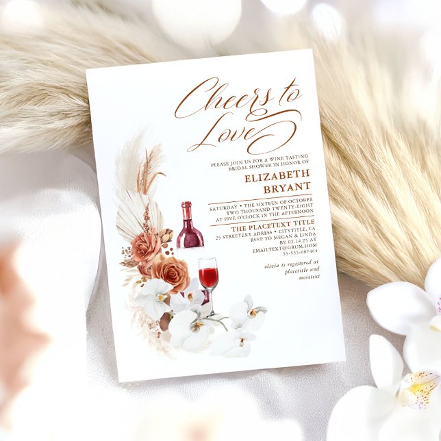 Invitación Terracota Floral Blanca Vino Dando Ducha De Novias (Boho Bridal Shower Cheers to Love)