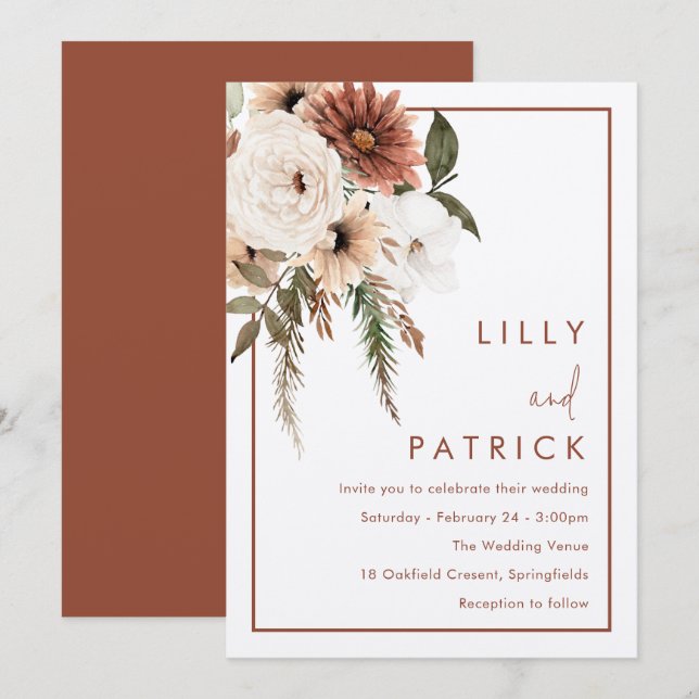 Invitación Terracota floral bohemia y Boda de champán (Anverso / Reverso)