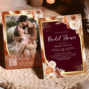Invitación Terracota Floral Borgoña Código QR Despedida de So