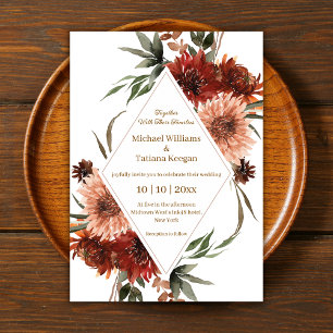 Invitación Terracota Floral de Boda Otoñal con Diamante Geomé