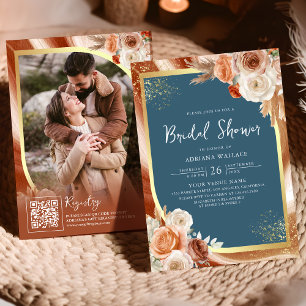 Invitación Terracota Floral Dusty Azul Código QR Ducha de nov