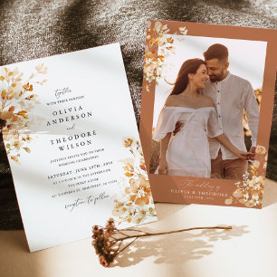 Invitación Terracota Floral Elegante Fondo Fotográfico Boda