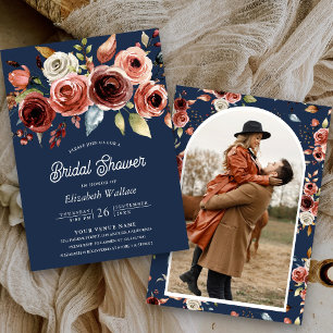 Invitación Terracota Floral Foto Azul Marino Despedida de Sol