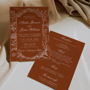 Invitación Terracota Floral Naranja Quemada Boda Todo en Uno