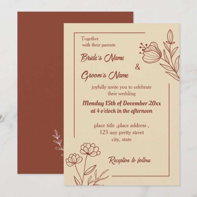 Invitación Terracota floral romántica (Anverso / Reverso)