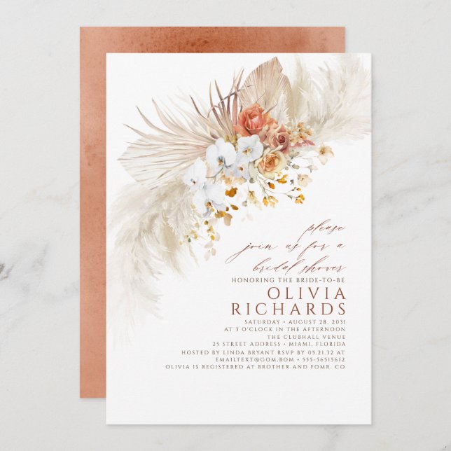 Invitación Terracota Flores Blancas Boho Bridal Shower (Anverso / Reverso)