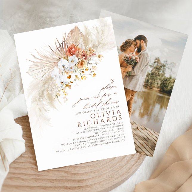 Invitación Terracota Flores Blancas Boho Bridal Shower Foto (Subido por el creador)