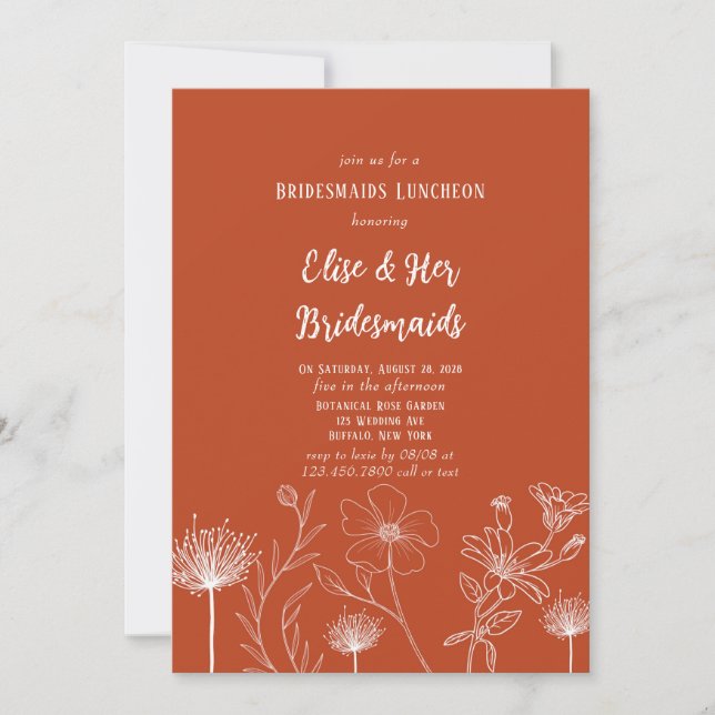 Invitación Terracota Flores salvajes blancas Bridesmaids Lunc (Anverso)