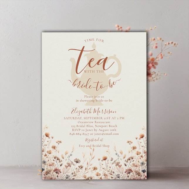 Invitación Terracota Flores Silvestres Elegante Ducha De Té B (terracotta floral bridal shower tea invitation wildflowers watercolor pattern elegant modern simple )