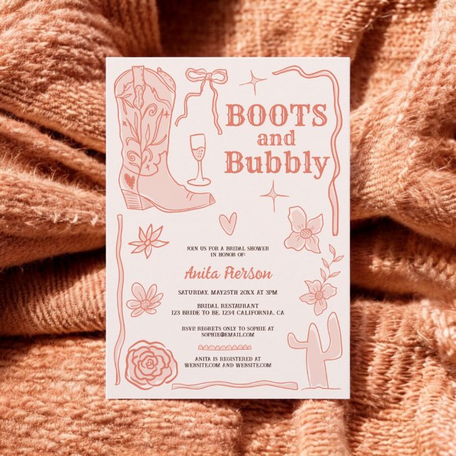 Invitación Terracota garabatos botas burbujeante ducha de nov (Terracotta scribbles boots bubbly bridal shower invitation)