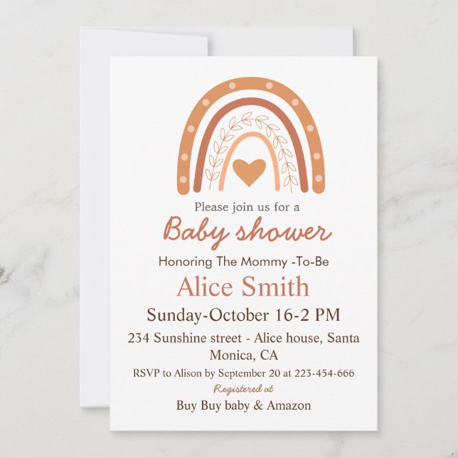 Invitación Terracota Género Neutropía boho arco iris ducha be (Anverso)